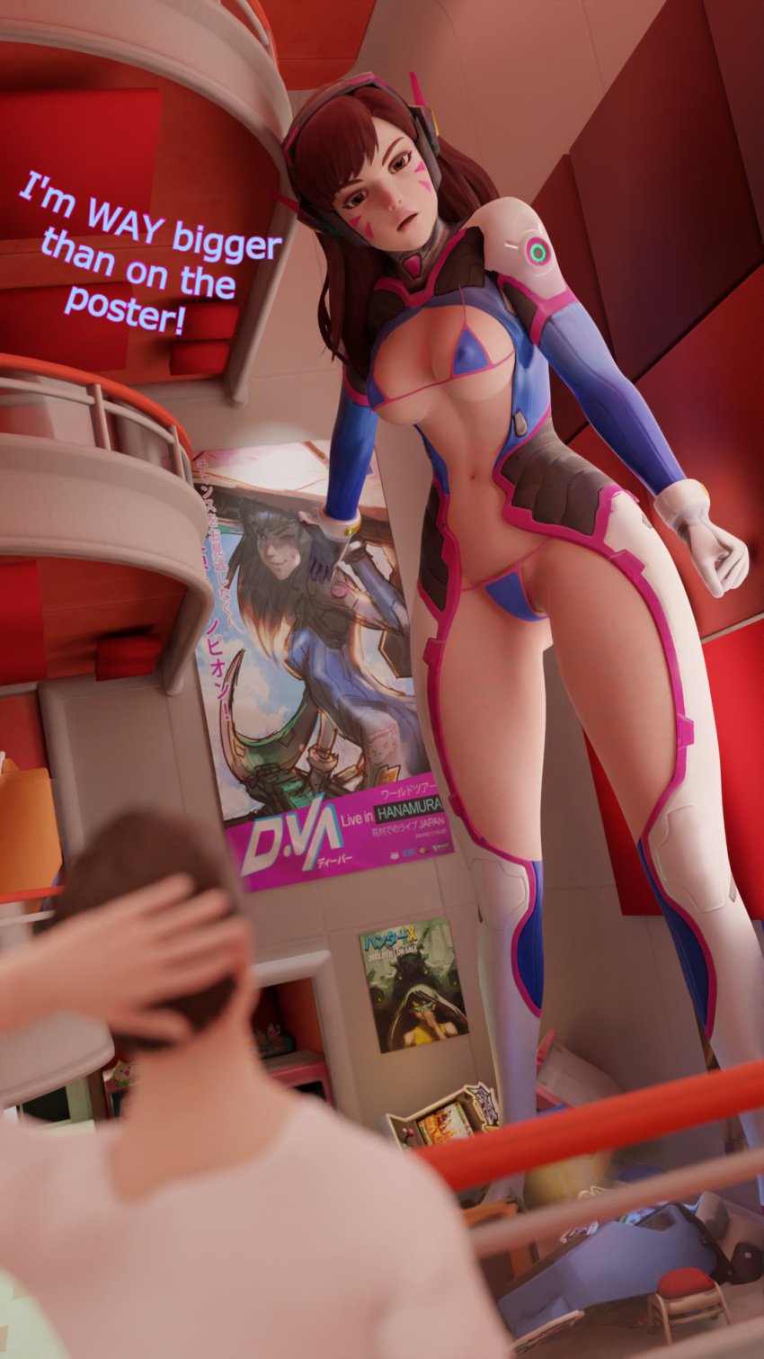 1boy1girl 3d 3d_(artwork) annoyed annoyed_face asian asian_female bigger_female blizzard_entertainment bottopbot2 brown_eyes brown_hair brown_hair_female brunette_hair cheek_markings clothed clothed_female clothed_male d.va d.va_(overwatch) facial_markings giantess hana_song height_difference indoors korean korean_female larger_female light-skinned_female light-skinned_male light_skin mini_giantess navel overwatch overwatch_2 revealing_clothes size_difference skin_tight smaller_male tall_female taller_girl