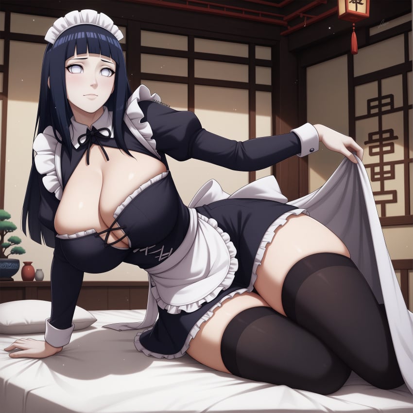 ai_generated apron bangs bed bed_sheet black_hair black_legwear blunt_bangs breasts byakugan cleavage clothes_lift curvaceous curvaceous_female curvaceous_figure curvy curvy_figure dress enmaided,frills female huge_breasts hyuuga_hinata indoors large_breasts lifted_by_self long_hair long_sleeves magiskuwa maid maid_apron maid_headdress naruto_(series) naruto_shippuden no_pupils on_bed puffy_sleeves sheet_grab solo thighhighs thighs voluptuous voluptuous_female waist_apron white_apron