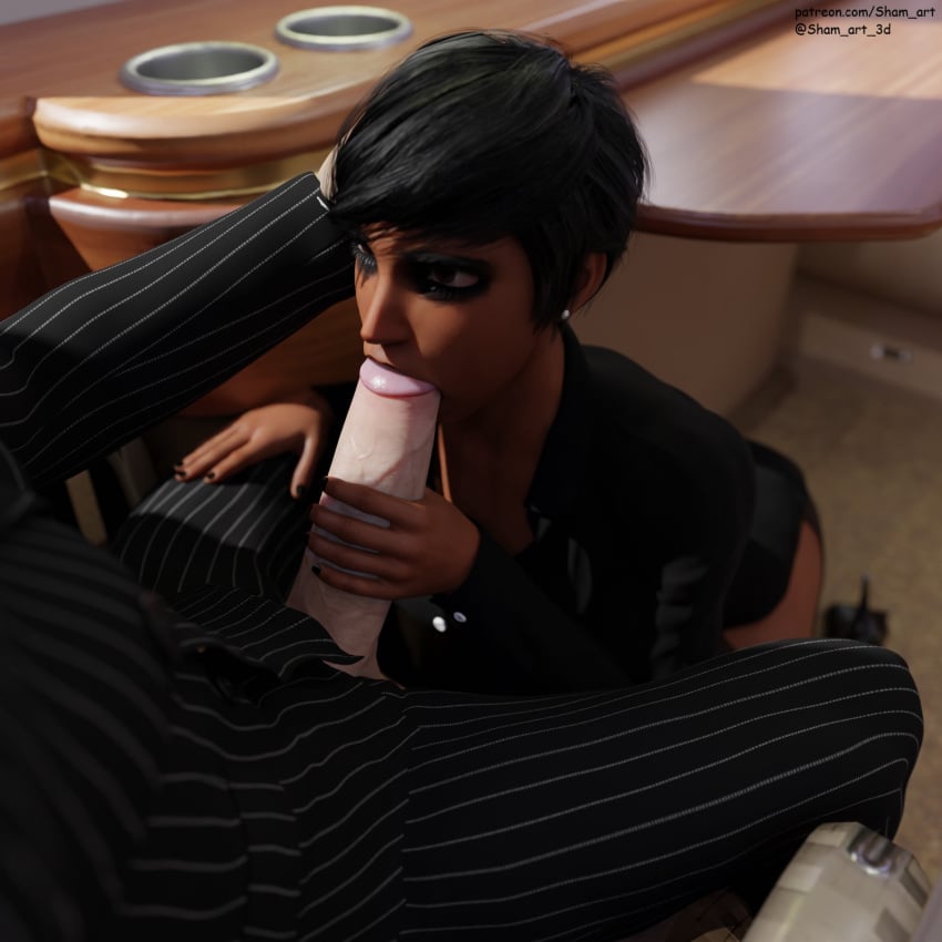 1boy 1boy1girl 1girl 3d big_penis blowjob dark-skinned_female dark_skin handjob interracial light-skinned_male light_skin makeup overwatch painted_nails penis pharah sham_art