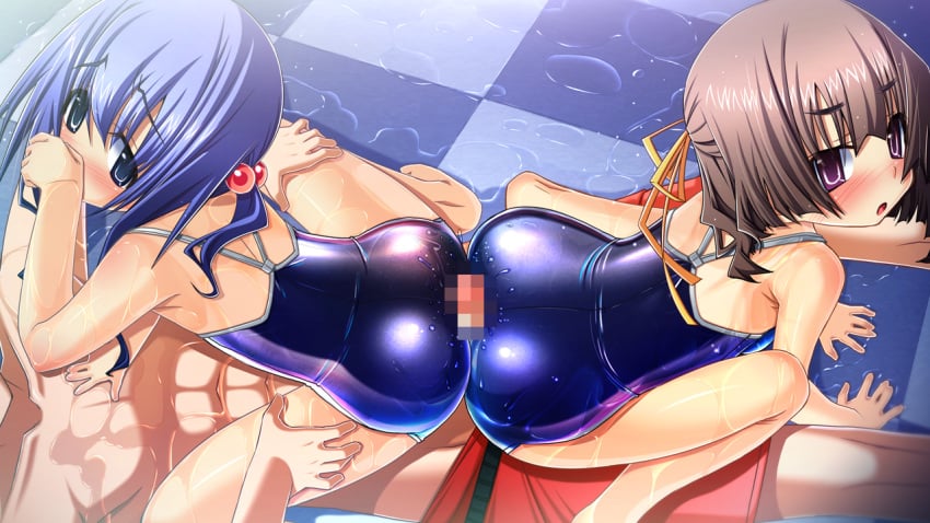 1boy 2girls abs ass blue_hair blush brown_hair buttjob censored cowgirl_position double_buttjob huge_ass looking_back lying multiple_girls open_mouth penis pink_eyes rubbing sakuya_tsuitachi sukumizu_tabehoudai swimsuit tied_hair twintails wet