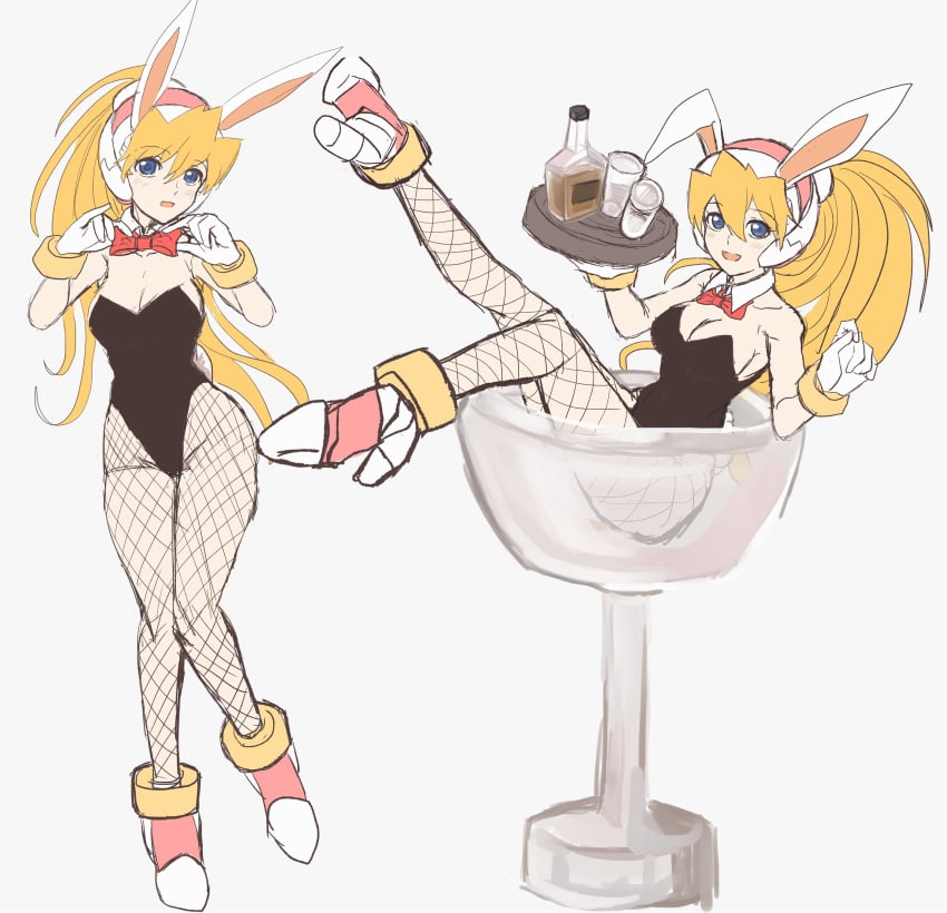 1girls alcohol big_breasts blonde_hair blue_eyes breasts bunny_ears bunny_girl bunnysuit busty capcom chair ciel_(mega_man) cleavage female female_only gloves highres large_breasts leg_lift leg_up legs leotard long_hair looking_at_viewer mega_man_(series) mega_man_zero_(series) multiple_views open_mouth ponytail pose posing sitting smile solo thighs tongue waitress