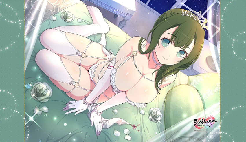 bare_arms bare_belly bare_shoulders bed bed_sheet big_breasts blush body_blush breasts bride cleavage closed_mouth collarbone elbow_gloves feet garter_belt garter_straps gloves green_eyes green_hair hiyori_(senran_kagura) lingerie long_hair marvelous official_art senran_kagura senran_kagura_new_link shiny_skin sitting smile thick_thighs thighhighs thighs tiara toes underwear wedding_lingerie white_gloves white_thighhighs yaegashi_nan