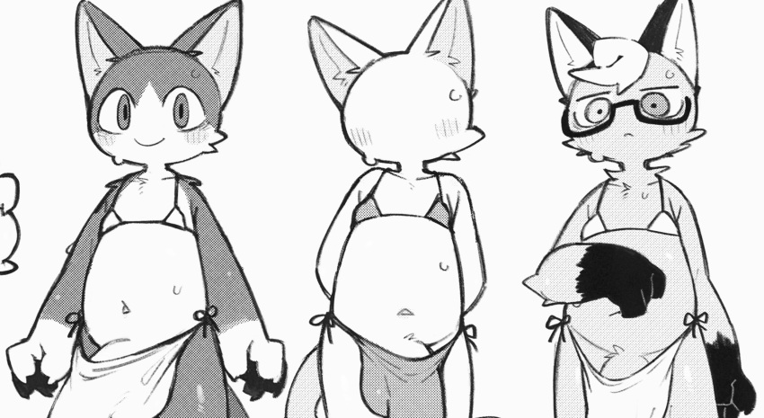 animal_crossing anthro belly bikini blanca_(animal_crossing) blush clothed clothing crossdressing domestic_cat felid feline felis flaccid genitals group hi_res male male/male mammal navel nintendo penis penis_base ra_tenpu raymond_(animal_crossing) rover_(animal_crossing) slightly_chubby swimwear trio two-piece_swimsuit