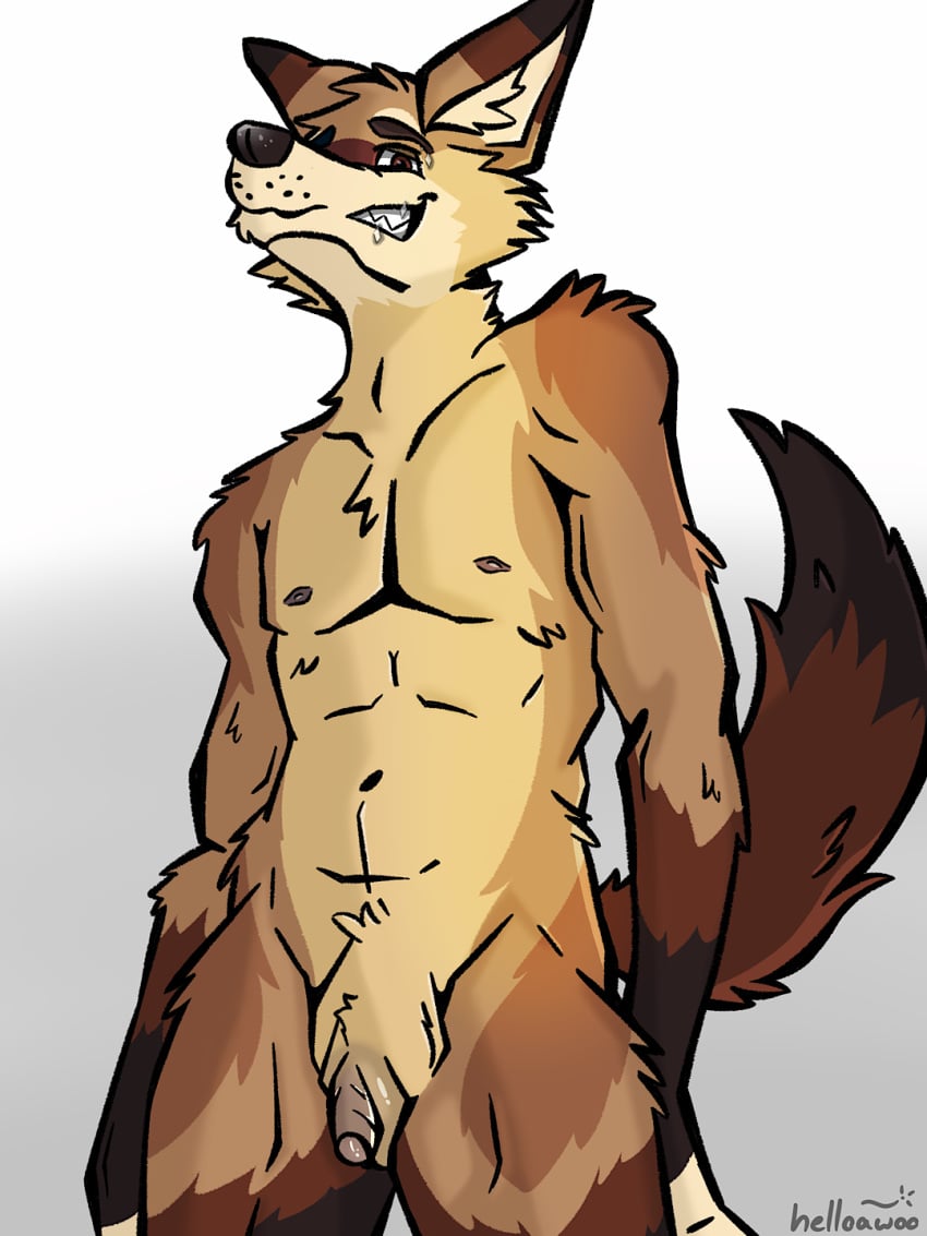 andromorph anthro canid canine canis clitoris coyote cuntboy fur genitals helloawoo hi_res intersex large_clitoris looking_at_viewer male mammal muscular muscular_male nipples nude pecs pussy simple_background slim smile solo tail