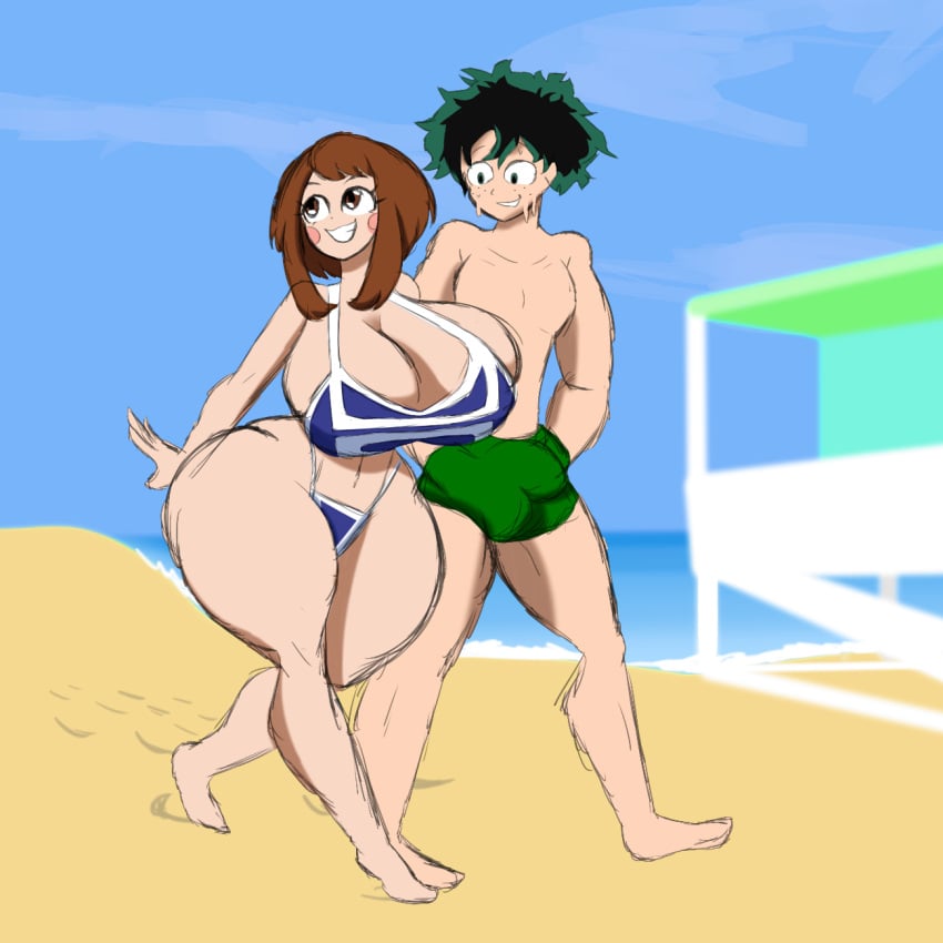 1boy 1girls beach beach_background big_breasts bikini bikini_bottom bikini_top breasts breasts_bigger_than_head brown_eyes brown_hair bulge bulge_through_clothing cleavage curvaceous curvy curvy_body curvy_female curvy_figure curvy_hips doctordongass doctordrawnass erect_penis green_eyes green_hair izuku_midoriya looking_at_breasts muscular_male my_hero_academia ochako_uraraka swimming_trunks swimwear thick_thighs voluptuous