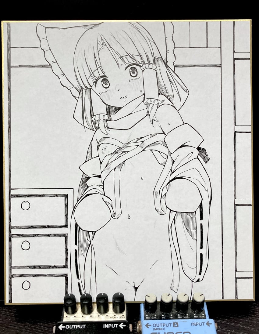 absurdres arrow_(symbol) bandages bow breasts chest_of_drawers commentary_request cowboy_shot detached_sleeves dimples_of_venus drawer embarrassed female frilled_bow frilled_hair_tubes frills greyscale hair_tubes hairbow hakurei_reimu hatching_(texture) highres indoors linear_hatching long_sleeves looking_at_viewer medium_hair mittens momendoufu monochrome navel nipples photo_(medium) pussy ribbon-trimmed_sleeves ribbon_trim scarf shikishi sidelocks small_breasts solo standing sweat tearing_up touhou traditional_media wavy_mouth wide_sleeves