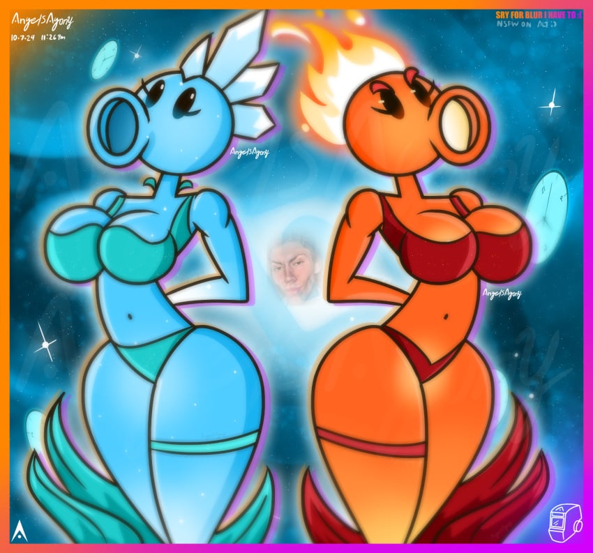 2d 2d_(artwork) 2girls agonywelds angelsagony ass big_breasts bra curvy eyebrows eyelashes female fire fire_peashooter_(pvz) glowing glowing_genitalia ice panties plant plant_girl plantie plants_vs_zombies pvz snow_pea_(pvz) thick_ass thick_thighs thighs underwear wide_hips