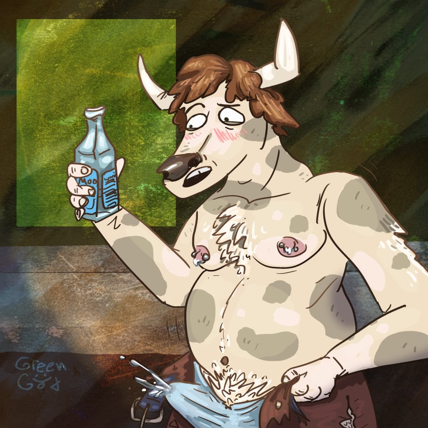 absurd_res animal_humanoid anthro belt bodily_fluids bottle bovid bovid_humanoid bovine bovine_humanoid brown_hair cattle chest_tuft clothing container cum cumming_through_clothing ejaculation flustered furry genital_fluids greengod hair hi_res human humanoid lactating male male_lactation mammal mammal_humanoid markings mid_transformation milk_bottle nipple_piercing nipples piercing reading solo spots spotted_body torn_clothing transformation tuft uncontrolled_orgasm wardrobe_malfunction