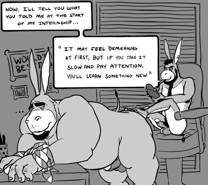 ass balls biceps big_butt bound chair chubby dialog dildo donkey ear_piercing equine furry furry_only gay happy_trail imminent_sex male mammal monochrome muscles office overweight penis piercing sex_toy text unprofessional_behavior zombone