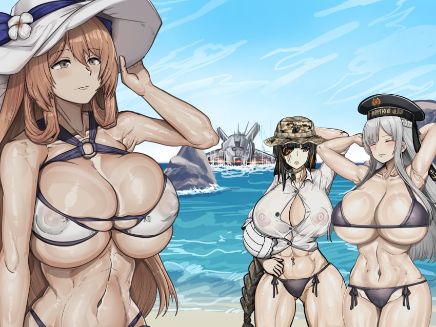 3girls abs absurd_res ak-12_(girls'_frontline) arm_up armpits arms_up ass_visible_through_thighs asymmetrical_bangs bare_shoulders beach bikini black_bikini black_eyes black_hair blunt_bangs blush braid breasts brown_hair camo_print cleavage cloud collarbone covered_nipples eyebrows_visible_through_hair eyepatch female_focus female_only flower girls'_frontline green_eyes grey_hair grin hair_between_eyes hat headwear holy_reich huge_breasts long_hair m16a1_(girls'_frontline) micro_bikini military muscular muscular_female navel navel_piercing no_bra peaked_cap piercing rock scar seaside side-tie_bikini skindentation sky smile springfield_(girls'_frontline) springfield_(stirring_mermaid)_(girls'_frontline) stomach streaked_hair swimsuit teeth underwear very_long_hair volleyball water white_bikini white_shirt yellow_hair