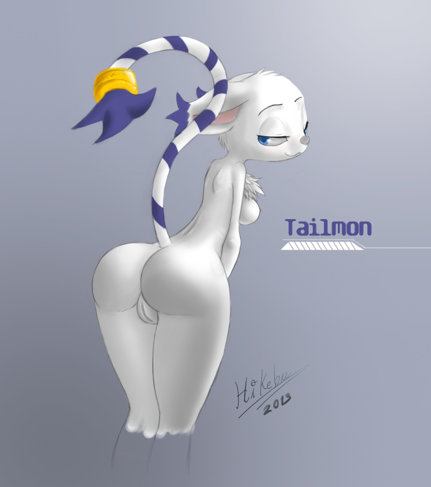 2013 :3 ass bent_over big_butt blue_eyes breasts chest_tuft digimon female floppy_ears fur gatomon gradient_background hikebu inviting looking_at_viewer looking_back presenting presenting_hindquarters pussy ring seductive sideboob signature solo tuft white_fur