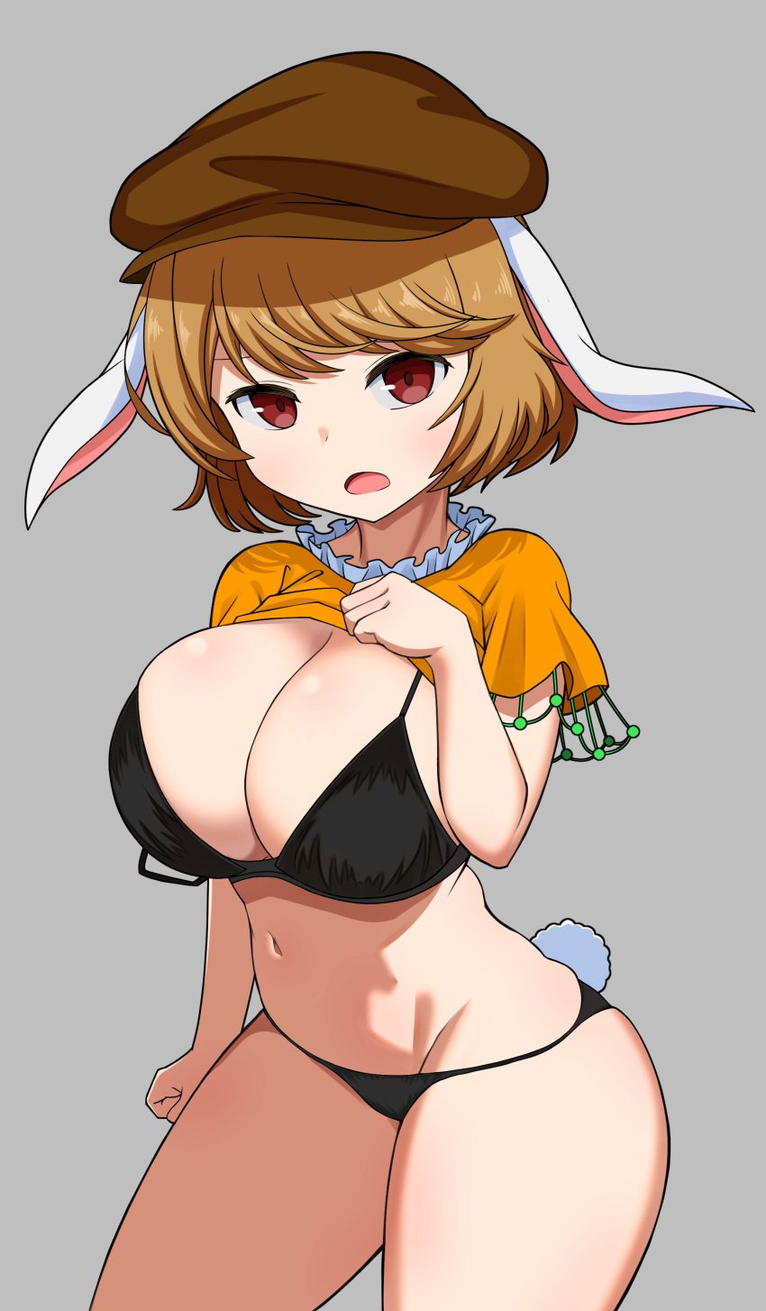 absurdres animal_ears anthro bikini black_bikini blonde_hair breasts brown_hat cabbie_hat cleavage commentary cowboy_shot female grey_background hat highres huge_breasts looking_at_viewer open_mouth rabbit_ears rabbit_girl rabbit_tail red_eyes ringo_(touhou) short_hair short_sleeves simple_background solo swimsuit tail touhou zawapirori