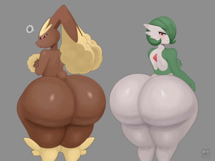 2girls anthro artist_name ass_bigger_than_head bottom_heavy bubble_butt dumptruck_ass female female_only furry furry_only game_freak gardevoir gattito generation_3_pokemon generation_4_pokemon huge_ass humanoid hyper_ass lopunny nintendo pokemon pokemon_(species) pokemon_dppt pokemon_rse red_eyes red_sclera small_breasts thick_ass thick_thighs twitter_link