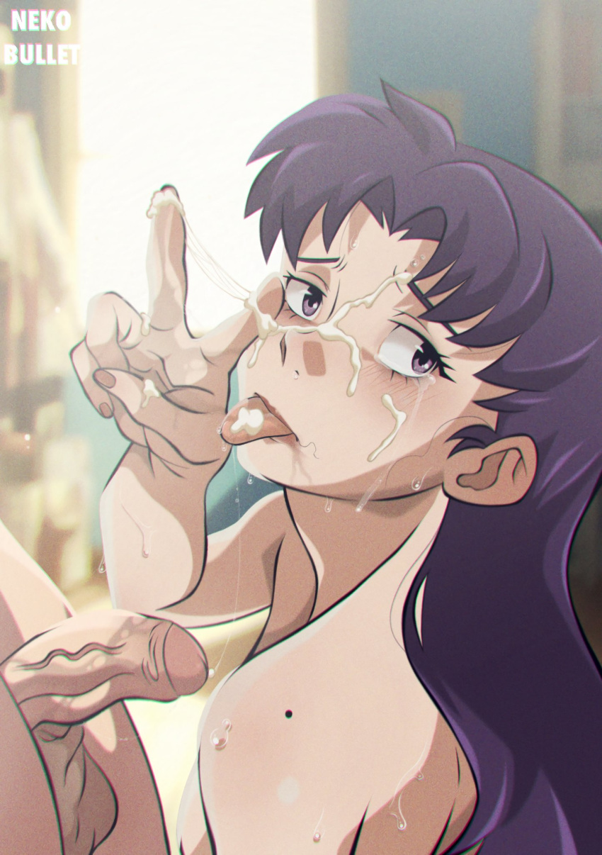 1boy 1boy1girl 1girls after_blowjob after_cumshot after_fellatio after_oral balls blush cum cum_on_face cum_on_tongue facial female long_hair milf misato_katsuragi neko_bullet neon_genesis_evangelion partial_male peace_sign penis penis_vein purple_eye purple_hair saliva saliva_trail scrotum topless_female