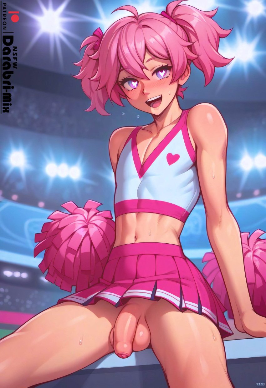 1boy abs ai_generated armpits arms_up bottomless cheerleader cheerleader_outfit cheerleader_uniform crop_top crowd crowd_watching cute darabri-mix excited eye_contact femboy feminine_male flaccid flaccid_penis gay girly heart-shaped_pupils logo open_mouth otoko_no_ko patreon patreon_logo penis pink_hair purple_eyes shuichi_shindou skirt stadium stadium_background sweat thighs toned trap upskirt yaoi