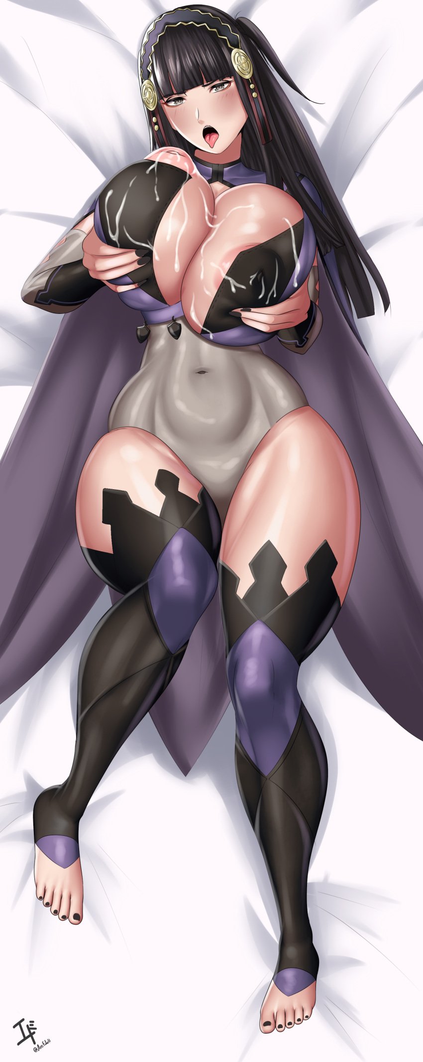 1girls alternate_costume arcedo areola_slip areolae balls bare_thighs barefoot bed_sheet black_eyes black_hair black_nails bodystocking breast_grab breasts cape cosplay covered_navel curvy dark_mage_(fire_emblem_fates) double_breast_grab female female_only fire_emblem fire_emblem_fates full_body grabbing_own_breast groping hourglass_figure huge_breasts inverted_nipples lactation long_hair looking_at_viewer nail_polish naughty_face nintendo nipples nyx_(fire_emblem)_(cosplay) on_back one_breast_out rhajat_(fire_emblem) seductive self_fondle solo teasing thick_thighs thighs toenail_polish tongue tongue_out very_long_hair voluptuous wide_hips