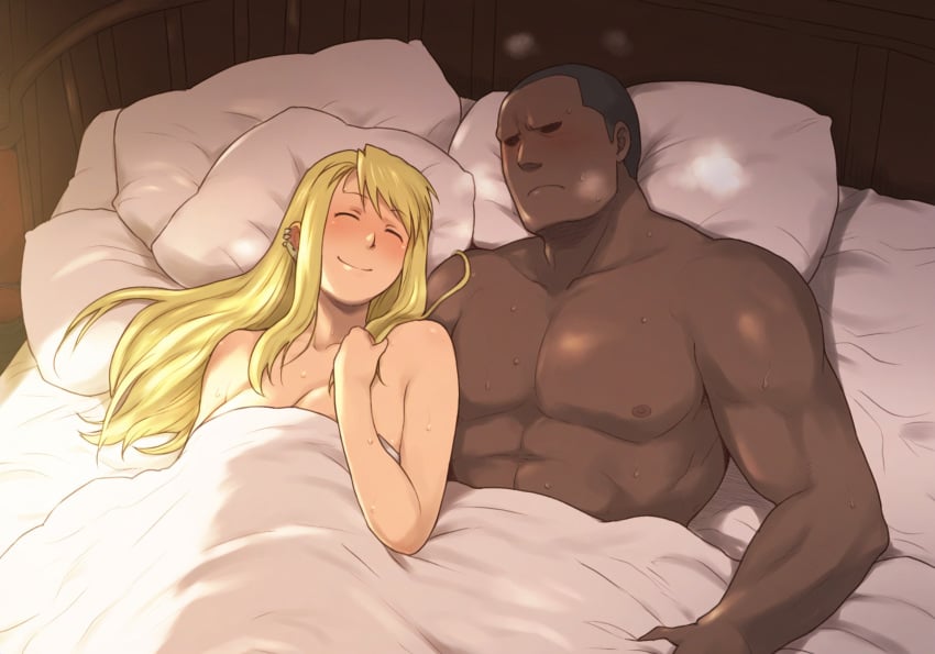 1boy 1girls abasta after_sex ai_generated bed blonde_hair blue_eyes blush boy_on_top breasts closed_eyes completely_nude completely_nude_female dark dark-skinned_male dark_skin fullmetal_alchemist interracial light-skinned_female long_hair looking_at_viewer looking_pleasured male nude nude_female smug winry_rockbell