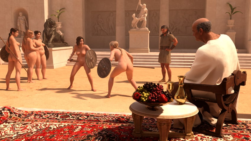 2boys 3d 5girls ancient_history ancient_rome balding beard black_hair blonde_hair bowl catfight daz3d dazstudio female food fruit gladiator gladiatrix goblet grey_hair highres iray jayyboww lion male nude nude_female plump ponytail rug shield slave slave_girl spear statue sword wallpaper weapon wooden_sword