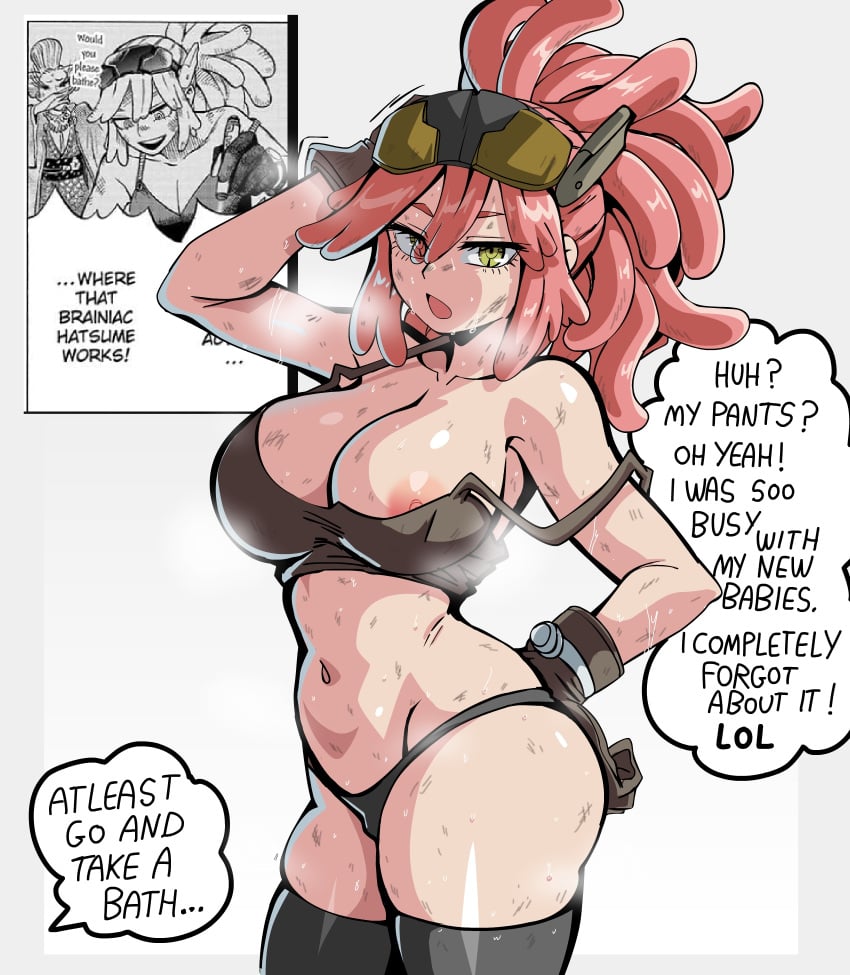 1girls aged_up big_breasts female female_focus female_only hatsume_mei large_breasts lewdamone mei_hatsume my_hero_academia pink_hair post-timeskip sweat sweatdrop sweaty_body yellow_eyes