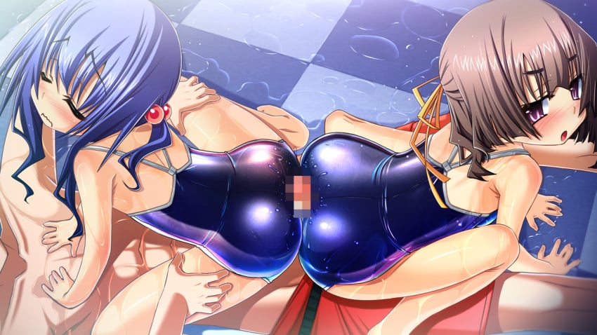 1boy 2girls abs ass blue_hair blush brown_hair buttjob censored cowgirl_position double_buttjob huge_ass looking_back lying multiple_girls open_mouth penis pink_eyes rubbing sakuya_tsuitachi sukumizu_tabehoudai swimsuit tied_hair twintails wet