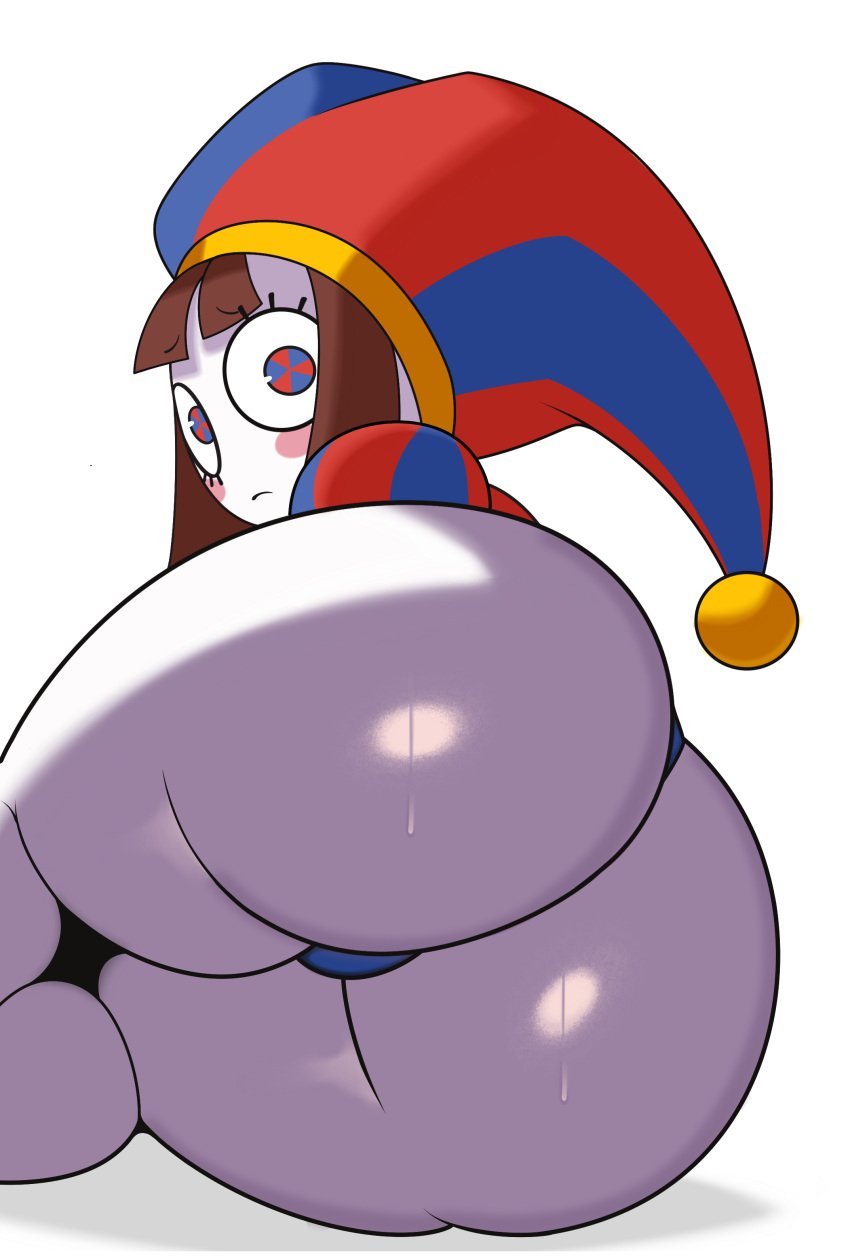 1girls ass ass_focus big_ass big_butt big_cheeks big_thighs blue_thong butt_focus cheeks dat_ass dat_butt fat_ass fat_butt female female_only glitch_productions huge_ass huge_cheeks jester jester_girl jester_hat jester_outfit jutsapostion nervous_expression pomni pomni_(the_amazing_digital_circus) simple_background solo sweat tagme the_amazing_digital_circus thick thick_ass thong white_background white_skin