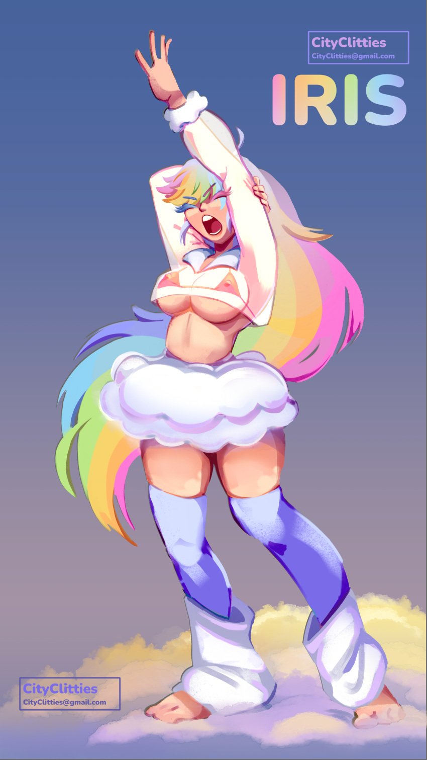 big_breasts bikini_top cityclitties collar collared_shirt crop_top exposed_torso feet heterochromia iris_(cityclitties) leg_warmers long_hair nipple_bulge nipples_visible_through_clothing oc original_character rainbow rainbow_hair round_breasts see-through_clothing short_skirt simple_background solo solo_female solo_focus stretching thighhighs toes transparent_clothing very_long_hair white_clothing yawn