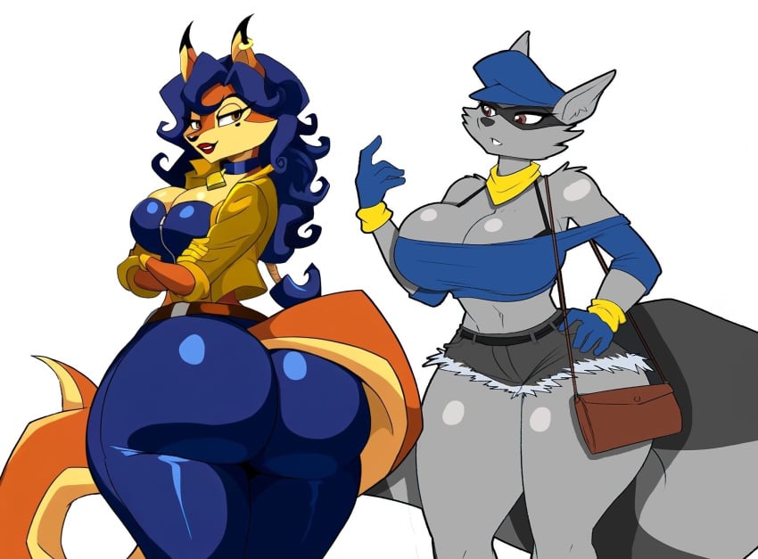 2girls ai_generated anthro big_ass big_breasts cappeseller carmelita_fox furry genderswap_(mtf) rule_63 rule_63 sly_cooper sly_cooper_(series) thick_ass two_girls