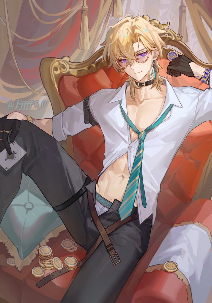 aventurine_(honkai:_star_rail) belt belt_choker black_gloves black_pants blonde_hair brown_belt choker clothed earring exposed_underwear fffff0_0 gloves honkai:_star_rail male male_focus male_only purple_eyes rose_tinted_glasses sitting smirk solo solo_male sunglasses tie white_shirt