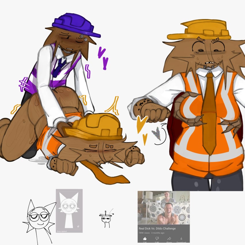 3boys angry_expression animal_humanoid bottomless chubby_male clothed_sex clukr_(sprunki) construction_helmet duo floor_sex fully_clothed fur fur_breasts fur_thick_thighs furry gay_sex glevil glevil_(regretevator) grabbing_breasts grabbing_from_behind hard_hat hi_res highres incredibox_mod jimmy_(regretevator) mannequin mannequin_mark_(regretevator) necktie okal44420 regretevator roblox sprunki tagme wenda_(sprunki) white_background wood