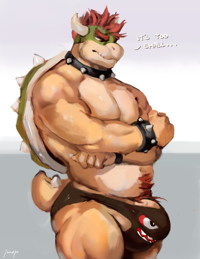 2024 absurd_res anthro barazoku biceps big_bulge big_muscles body_hair bowser bracelet bulge claws clothed clothing collar crossed_arms deltoids dialogue english_text eyebrows frown gay genitals hair happy_trail hi_res horn huge_bulge humanoid_genitalia humanoid_penis jewelry juiceps koopa male mario_(series) muscular muscular_anthro muscular_male narrowed_eyes navel nintendo painterly pecs penis penis_base pubes scalie shell signature simple_background solo spiked_bracelet spiked_collar spiked_shell spiked_tail spikes spikes_(anatomy) standing tail teeth text thick_thighs thong thong_only tight_clothing topless topless_anthro topless_male underwear underwear_only white_background