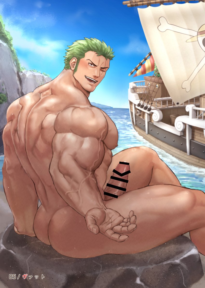 1boy back_view bara beefy big_hands big_penis boat bubble_butt censor_bar censored censored_penis daddy dilf erection gay green_hair hi_res inviting looking_at_viewer male male_only muscles muscular muscular_arms muscular_ass muscular_back muscular_legs muscular_male muscular_thighs one_piece precum rock roronoa_zoro scar scar_on_face seaside short_hair sitting solo sweat sweatdrop sweating sweaty thick thick_arms thick_ass thick_thighs tough_guy vatto vein veiny_penis