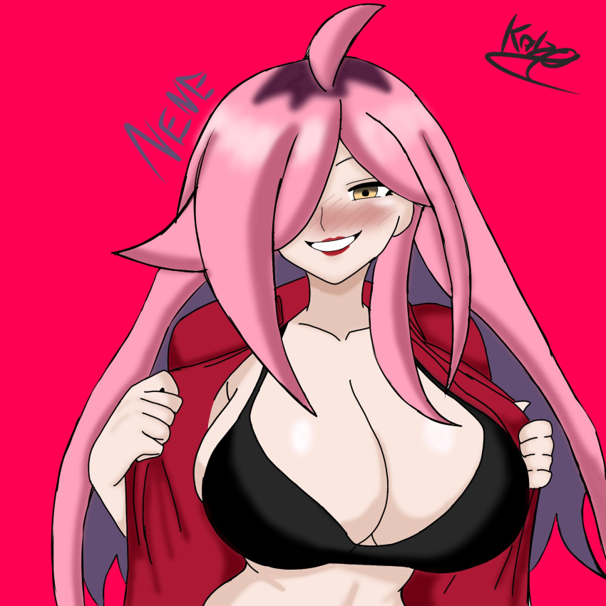 1girls big_breasts blush bra breasts kaizzer latam_virtual_youtuber long_hair neneefthy open_shirt pink_hair red_background solo_female tagme text virtual_youtuber vtuber vtuberfanart yellow_eyes