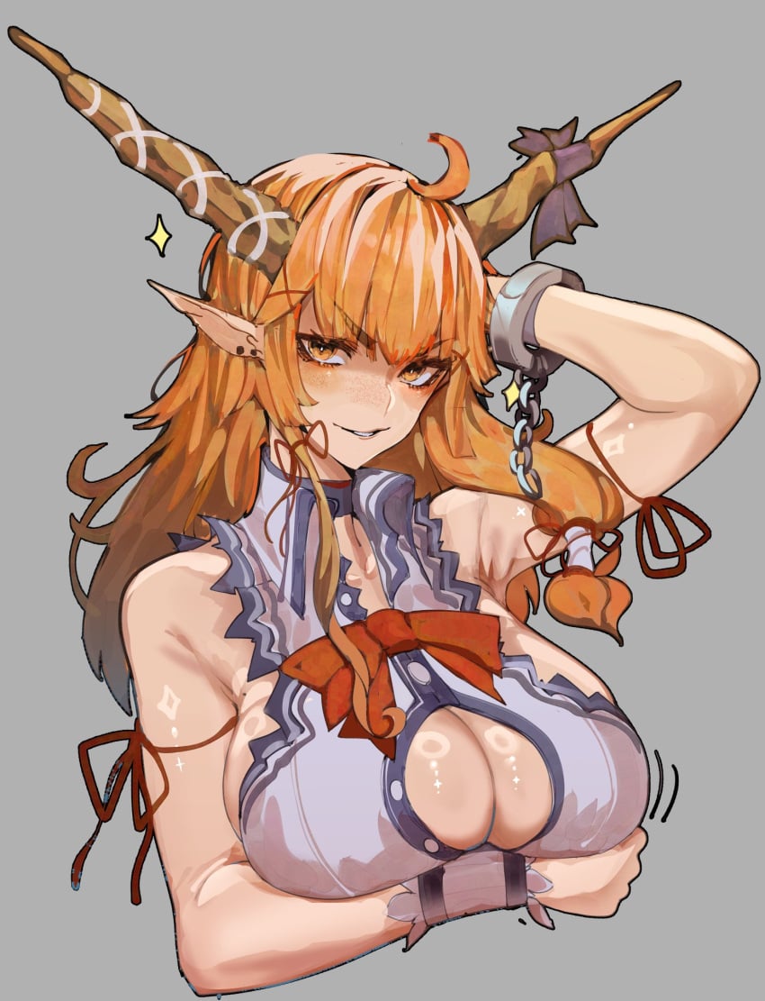 1girls 2_horns alternate_breast_size arm_under_breasts bare_shoulders blouse boob_window bow breast_expansion breasts brown_horns bust buttons chains clothed_female cocky collared_blouse cowlick cuffs demon_girl demon_horns earrings expansion eyebrows_visible_through_hair female female_only grey_background grey_clothing hair_around_ear hair_bow hair_over_shoulder hair_strand hair_tie horn_bow horn_ribbon horns huge_breasts light-skinned_female light_blush long_hair mole mole_on_breast monster_girl motion_lines neck oni oni_female orange_eyes orange_hair pale_skin pointy_ears purple_bow red_bow red_ribbon ribbons shiny_skin sideboob simple_background smile smirk solo sparkles straight_hair suika_ibuki thick_hair tomatolover16 torn_sleeves touhou v-shaped_eyebrows wrist_cuffs