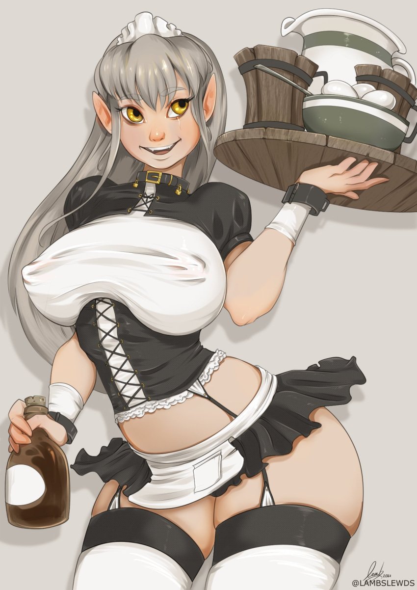 collar female female_only fully_clothed lambslewds microskirt miniskirt pointy_ears revealing_clothes serving_tray skimpy_clothes skirt stockings uniform waitress waitress_uniform