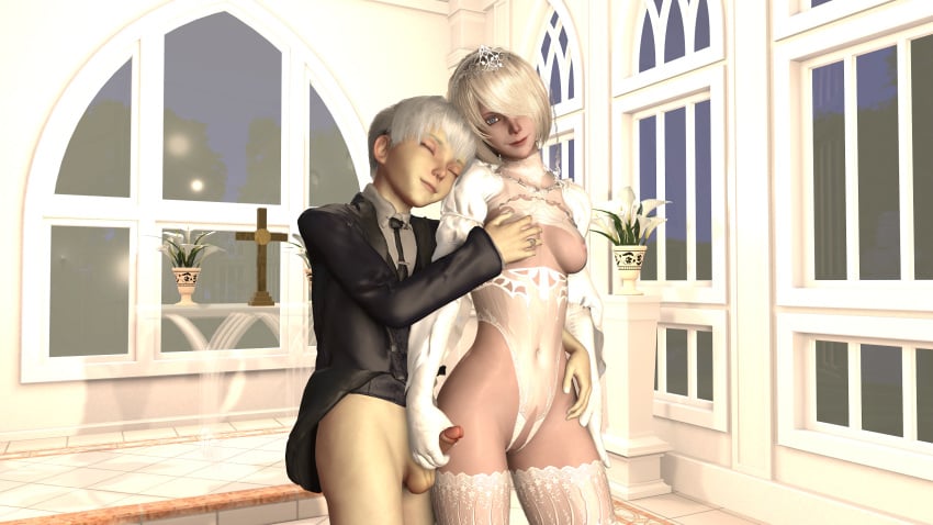 android blue_eyes breast_grab closed_eyes cutout dominant_female erection femboy grabbing_penis half-dressed handjob happy love marriage nier:_automata nier_(series) see-through see-through_clothing see-through_top short_hair shorter_male suit thick_thighs thighs twink virt-a-mate virtamate wedding white_hair yorha_2b yorha_9s