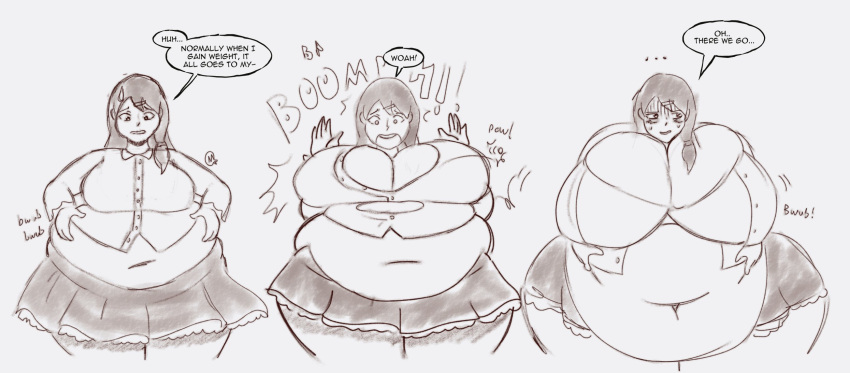 1girls big_breasts breast_expansion breasts female huge_breasts mochiistar obese obese_female oribe_tsubasa skirt wardrobe_malfunction weight_gain