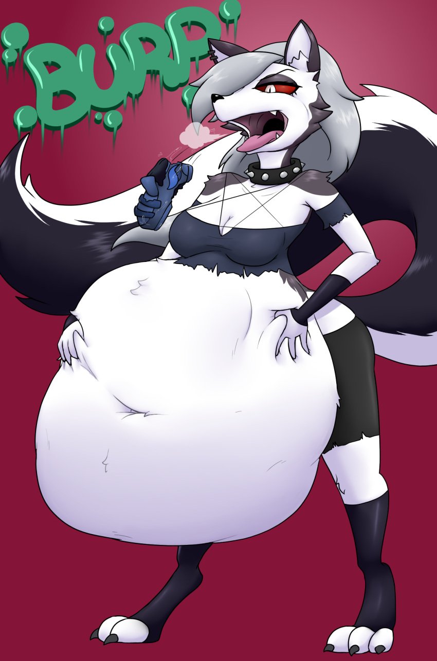 anthro anthro_pred belly big_belly big_breasts breasts burping burping_up_clothing burping_up_object canid canid_demon canine clothing collar demon digital_media_(artwork) fangs female female_pred fingerless_gloves footwear gloves grey_hair hair handwear hellhound helluva_boss hi_res huge_belly jackheretherealone loona_(helluva_boss) mammal midriff mythological_canine mythological_creature mythology navel oral_vore red_sclera same_size_vore shoes shoulderless_shirt solo spiked_collar spikes teeth tongue vore white_eyes