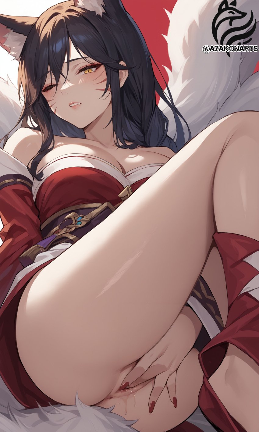 1girls ahri ai_assisted ai_generated animal_ear_fluff animal_ears artist_logo artist_name ayakonarts black_hair cleavage facial_markings fang female female_only fox_ears fox_girl fox_tail kemonomimi kumiho league_of_legends masturbation nail_polish no_panties one_eye_closed red_nails riot_games solo whisker_markings yellow_eyes