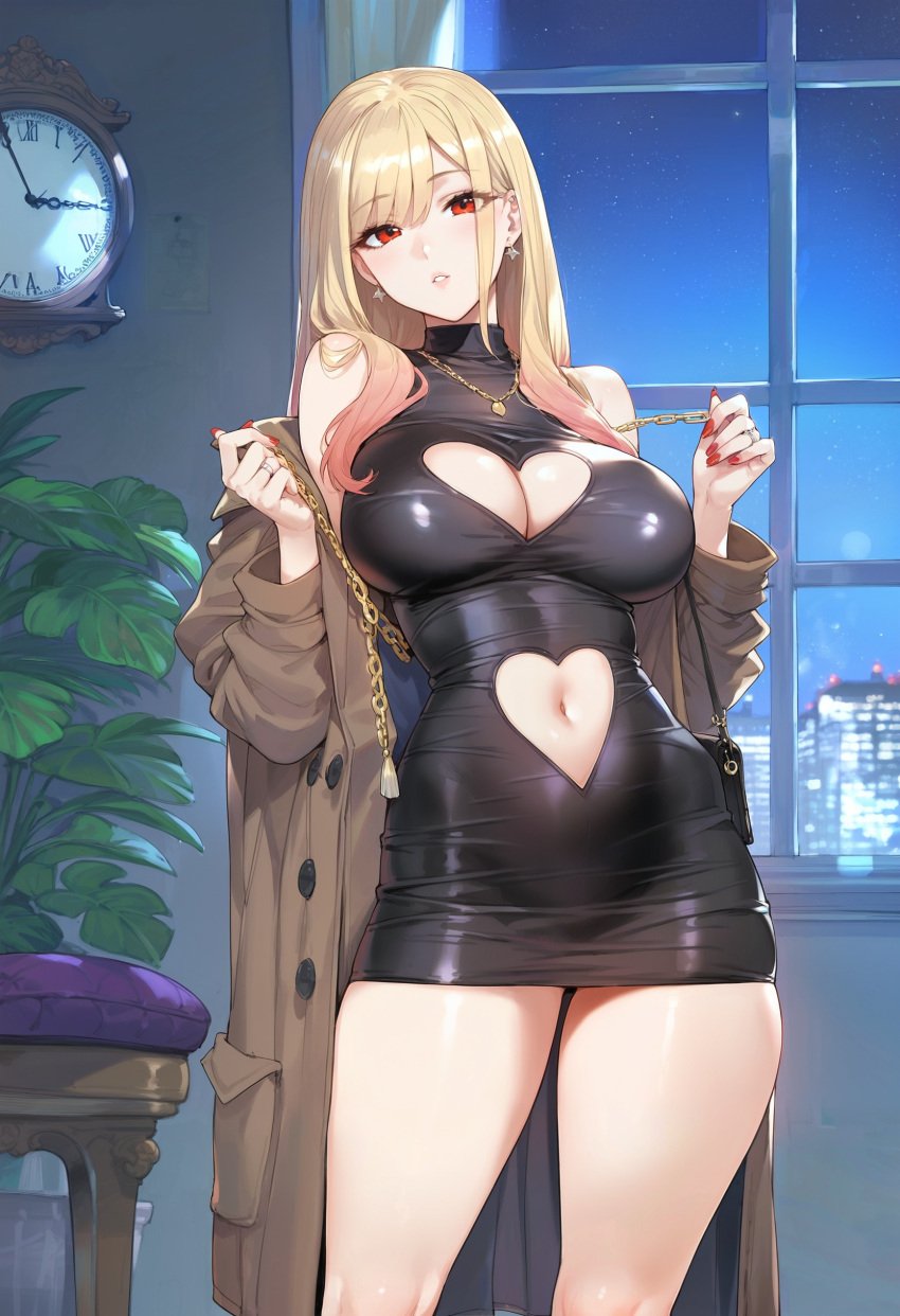 1girls ai_generated bare_shoulders black_dress blonde_hair brown_coat cleavage cleavage_cutout clothing_cutout coat dress ear_piercing earrings female female_only handbag heart_cutout human indoors jewelry kitagawa_marin large_breasts long_hair looking_at_viewer mommy multicolored_hair navel navel_cutout necklace night night_sky off_shoulder open_coat parted_lips piercing red_eyes short_dress sleeveless solo sono_bisque_doll_wa_koi_wo_suru standing thighs trenchcoat turtleneck turtleneck_dress window