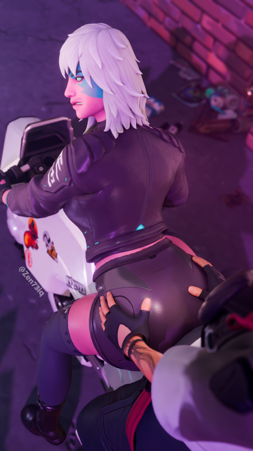 1boy 1girls clothed fortnite grabbing_ass green_eyes harlowe_(fortnite) motorcycle phantasm_(fortnite) pink_body street white_hair zenaide