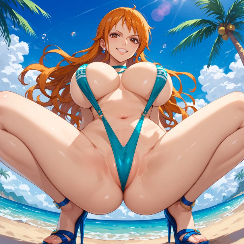 1:1 1girls ai_generated alex-schura alternate_costume ankle_strap_heels anklet ass bangs beach big_ass big_breasts blush breasts choker cleavage clenched_teeth clothing curvy earrings eyelashes female female_focus female_only grin high_heels highres hips human jewelry large_ass large_breasts lips long_hair looking_at_viewer low-angle_view nai_diffusion nami naughty_face navel ocean one_piece orange_eyes orange_hair outdoors palm_tree parted_lips pearl_earrings pinup plant revealing_clothes sand seductive shiny_skin sideboob skimpy smile solo solo_female squatting stable_diffusion sun teeth thick_thighs thighs tree underboob voluptuous water wide_hips