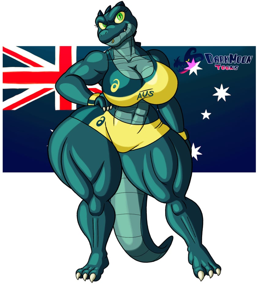 2023 2024 3_toes abs absurd_res alpha_channel anthro artist_logo artist_name australia australian australian_flag big_breasts blu3danny border bottomwear bra breasts claws cleavage clothed clothing collaboration crocodile crocodilian crocodylid darkmoontoons eyelashes facial_piercing feet female finger_claws green_body green_eyes green_scales hi_res humanoid_hands lip_piercing lip_ring looking_at_viewer muscular muscular_anthro muscular_female navel piercing reptile reptile_humanoid ring_piercing scales scalie scalie_humanoid shorts smile solo solo_female sports_bra standing tansau thick_thighs toe_claws toes transparent_border underwear yellow_shorts