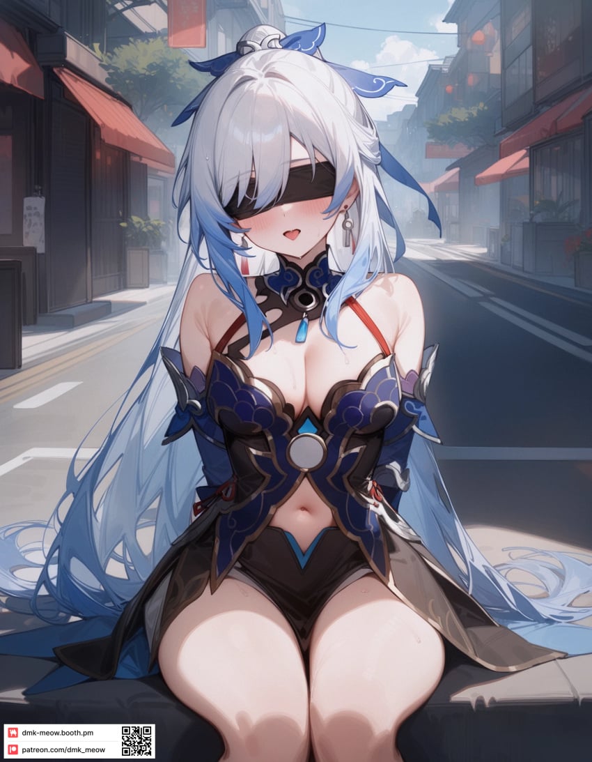 ai_generated arms_behind_back bare_shoulders black_blindfold blindfold blue_dress blush breasts building cleavage clothing_cutout covered_eyes detached_sleeves dmk_meow dress earrings facing_viewer female high_ponytail honkai:_star_rail jewelry jingliu_(honkai:_star_rail) large_breasts long_hair navel open_mouth outdoors ponytail road sitting solo street sweat thighs tongue tongue_out very_long_hair white_hair