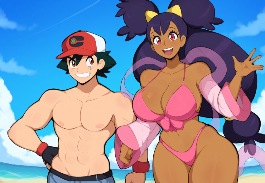 1girls abs aged_up ai_generated beach big_hair bikini dark-skinned_female day female iris_(pokemon) large_breasts mullon muscular_male novelai pokemon pokemon_bw purple_hair satoshi_(pokemon) satoshi_(pokemon) smile