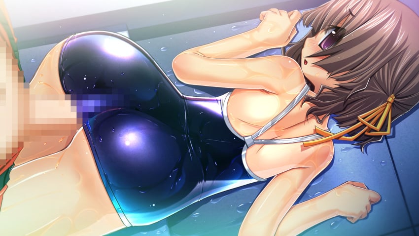 ass blush brown_hair buttjob censored clothes_penetration clothesjob huge_ass mosaic_censoring open_mouth outercourse penis penis_under_clothes pink_eyes rubbing sukumizu_tabehoudai swimsuit tied_hair twintails wet