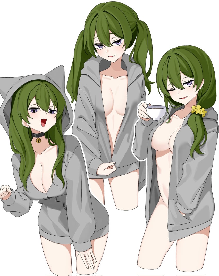 :3 :d alternate_hairstyle bell_collar cat_ears cleavage coffee_mug evil_smile hand_in_pocket hikentai0308 inner_sideboob large_breasts leaning_forward multiple_views naked_hoodie one_eye_closed paw_pose seductive_look seductive_smile sousou_no_frieren twintails ubel_(sousou_no_frieren) unzipped