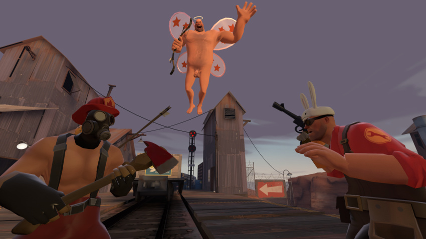 3boys 3d axe bow_(weapon) bunny_ears cupid engineer engineer_(team_fortress_2) fairy_wings fireman's_hat flying gas_mask gay gloves goggles half-erect halo heavy_(team_fortress_2) heavy_weapons_guy holding_weapon human human_male human_only male male_only mouth_open nude pistol princess_cp pyro pyro_(team_fortress_2) shirtless source_filmmaker team_fortress_2 train_station weapon yaoi