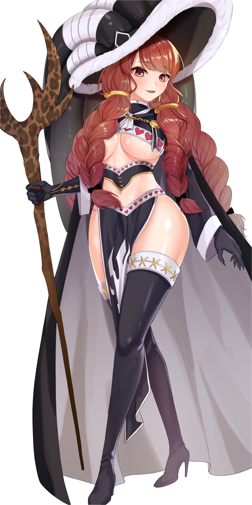 1girls bangs black_cape black_footwear black_gloves boots braid breasts brown_eyes brown_hair cape eyebrows_visible_through_hair fairy_tail female full_body gloves high_heel_boots high_heels high_resolution holding holding_object holding_staff irene_belserion large_breasts lillly long_hair midriff navel open_mouth shiny shiny_hair shiny_skin shoes simple_background solo staff standing stomach thigh_boots thighhighs thighs tied_hair underboob very_high_resolution very_long_hair white_background zettai_ryouiki