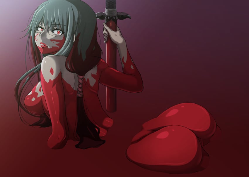 ao_madou-shi ao_madou_ko ass black_hair blood blood-c blood_on_face breasts female katana kisaragi_saya long_hair looking_at_viewer naked_blood nude red_eyes sideboob solo sword very_long_hair weapon