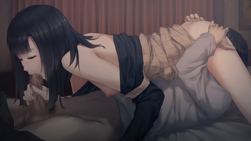 69 areolae ass ass_grab bed black_hair breasts censored closed_eyes cunnilingus fellatio female game_cg highres innocent_grey kara_no_shoujo_2 legs licking long_hair lying nipples no_bra no_panties on_stomach open_clothes oral penis small_breasts sugina_miki thighs